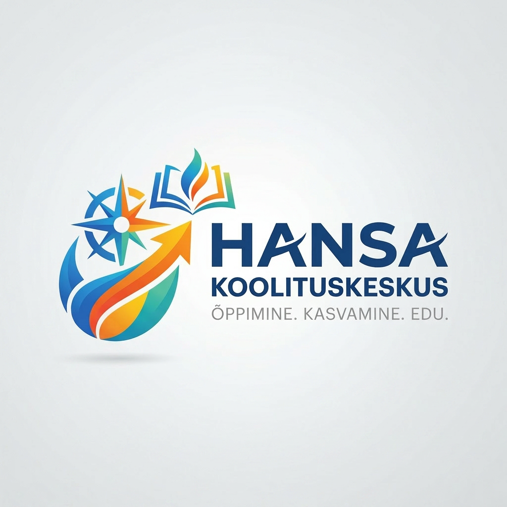 Educational growth and success logo HANSA Koolituskeskus logo with colorful arrow, compass, book, and motto